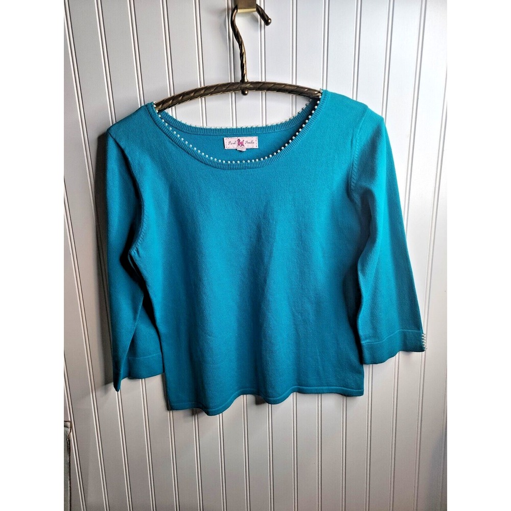 Pink Poodle Brand  turquoise scoop neck Sweater  Top with Faux Pearls M